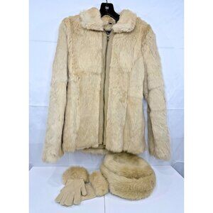 Betmar Midnight Velvet Faux Rabbit Fur Jacket Set w/ Scarf & Gloves Size M Beige